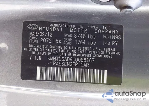 2012 Hyundai Veloster Base W/Black/Base W/Gray/Base W/Red/Black from USA, damaged, VIN KMHTC6AD9CU068167
